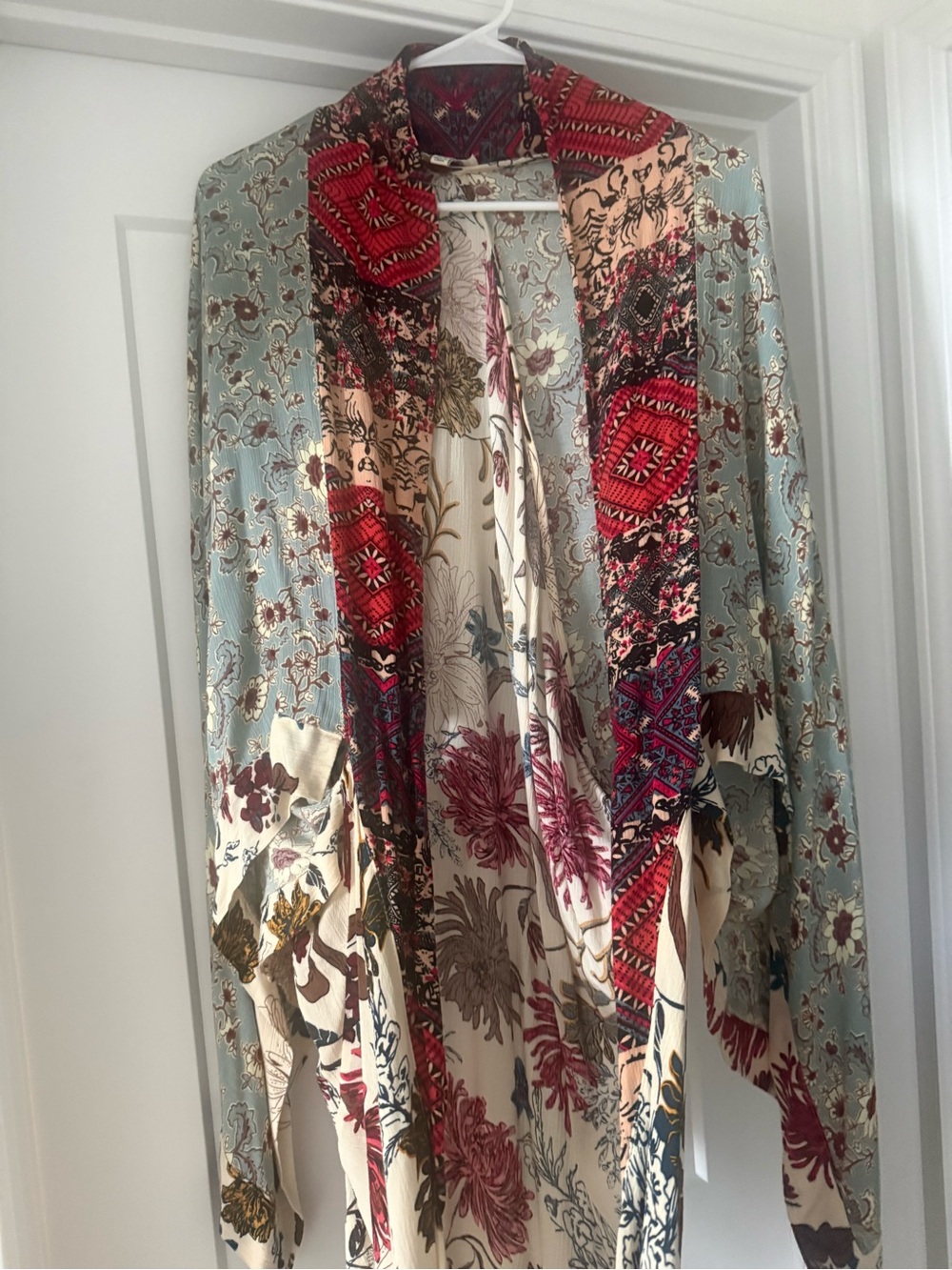 Umgee Multicolor Bohemian Patchwork Kimono Jacket in Red and Light Blue